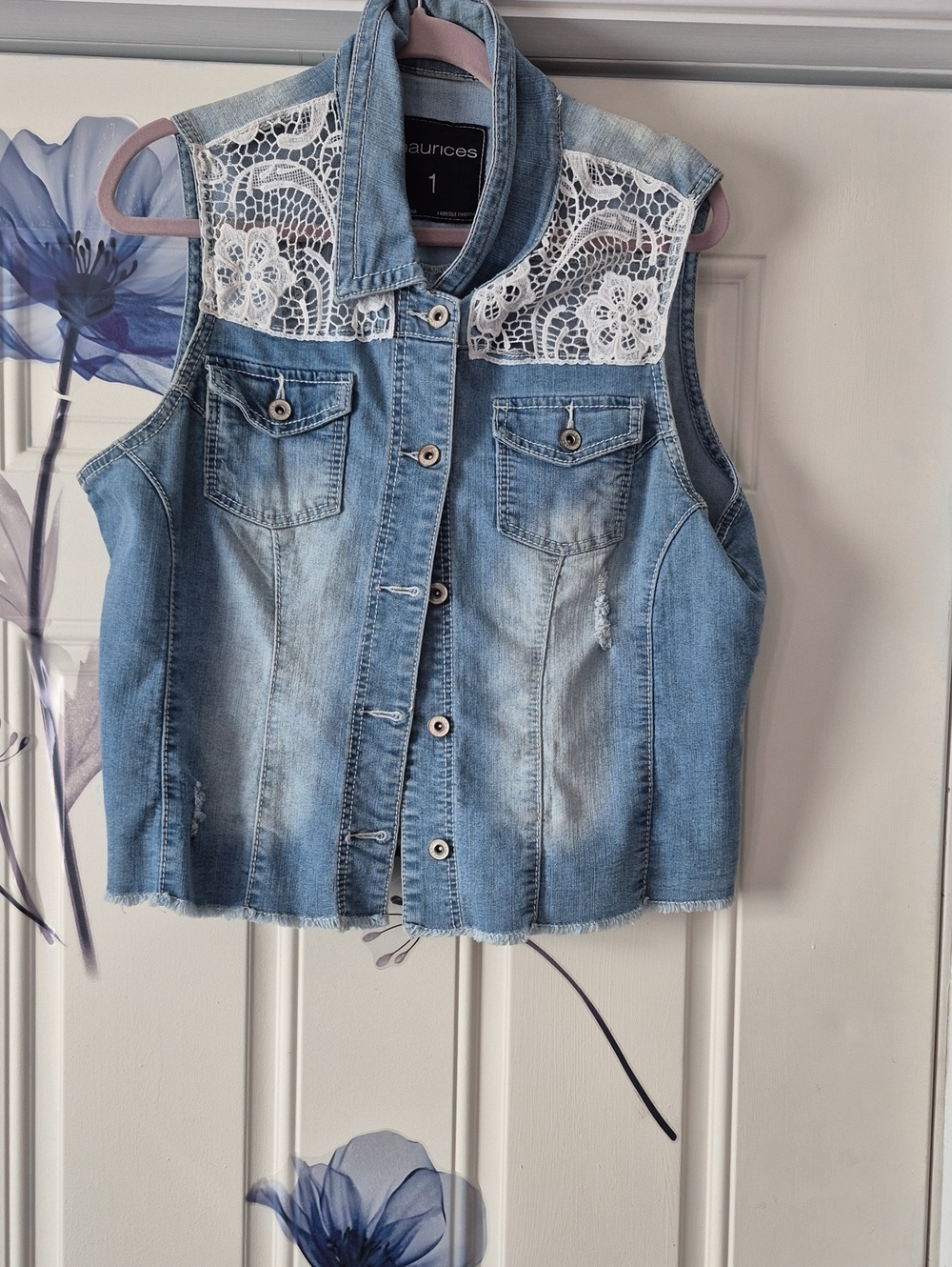 Maurices Light Blue Denim Lace-Yoke Sleeveless Vest Disttessed